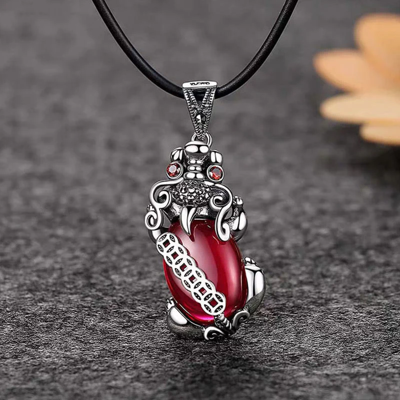 Renbeads PiXiu Garnet Copper Coin Wealth Luck Necklace Pendant