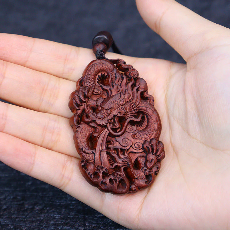 Lightning Struck Jujube Wood Double Dragon Relief Necklace Pendant for Warding Off Evil