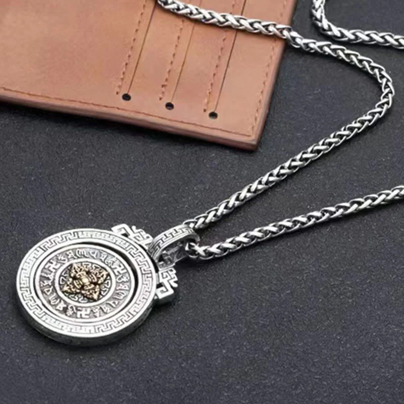 Tibetan Om Mani Padme Hum Double Dorje Vajra Rotatable Necklace Pendant for Purity and Peace