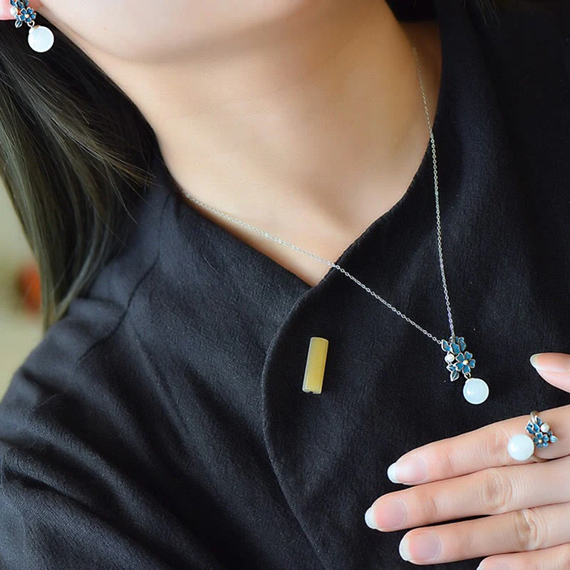 White Jade 925 Sterling Silver Pearl Flower Blessing Necklace Pendant Ring Earrings