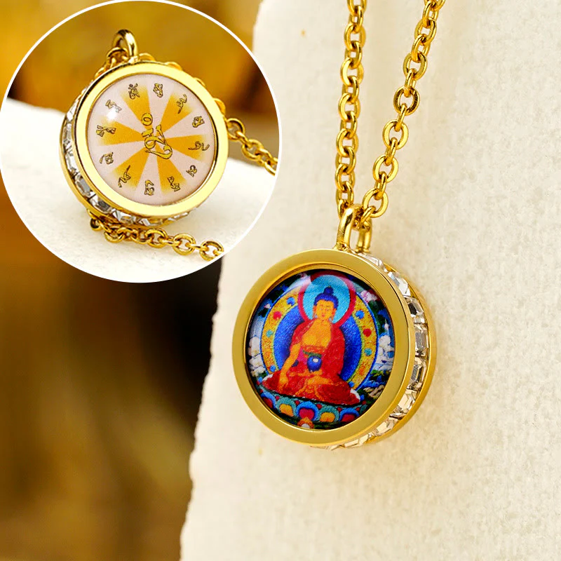 Tibetan Yellow God of Wealth Green Tara Buddha Serenity Titanium Steel Necklace Pendant