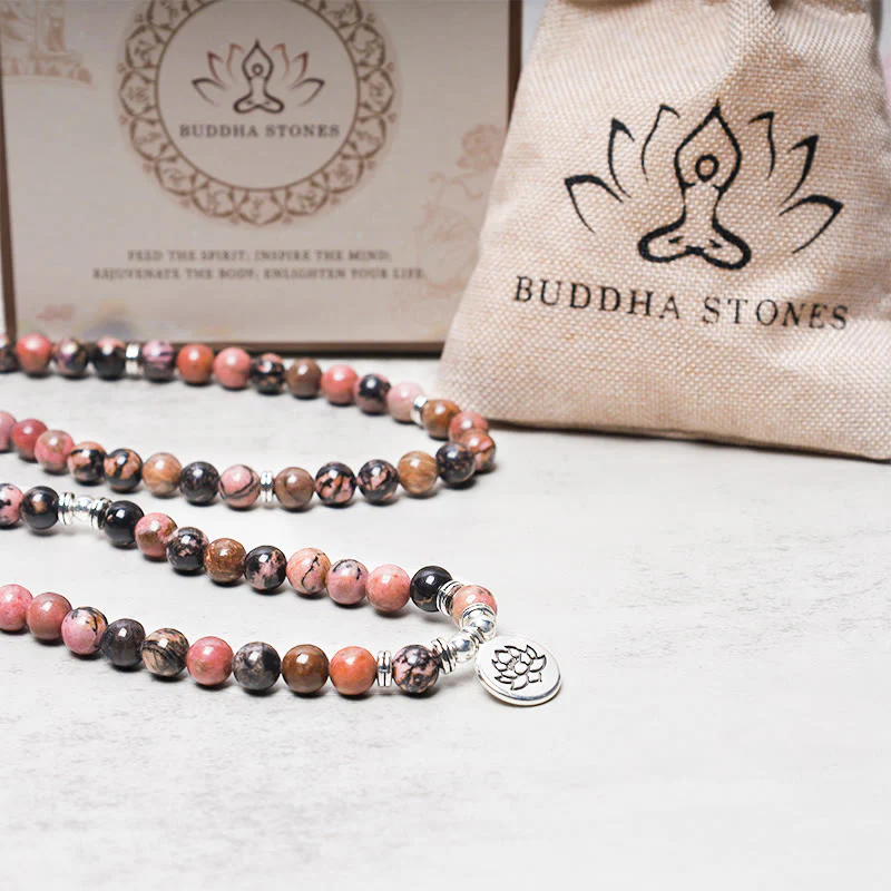 Renbeads 108 Mala Beads Rhodonite Lotus Compassion Energy Bracelet