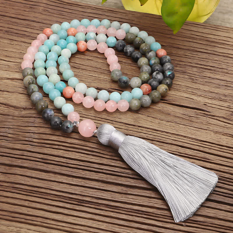 108 Beads Amazonite Black Glitter Stone Positive Tassel Bracelet