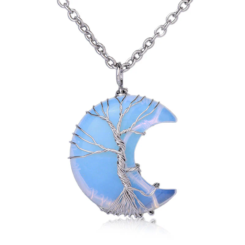 Natural Quartz Crystal Moon Tree of Life Healing Energy Necklace Pendant