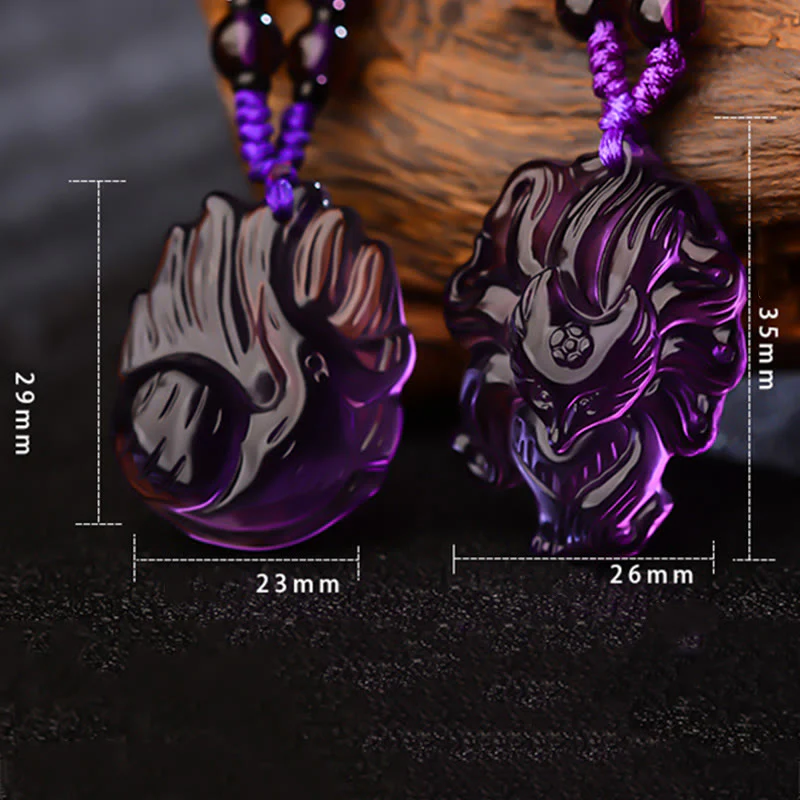 Renbeads Natural Amethyst White Crystal Citrine Nine Tailed Fox Luck Necklace Pendant