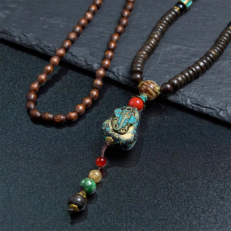 Tibetan Handmade Wenge Wood Protection Dzi Bead Elephant Head Necklace Pendant