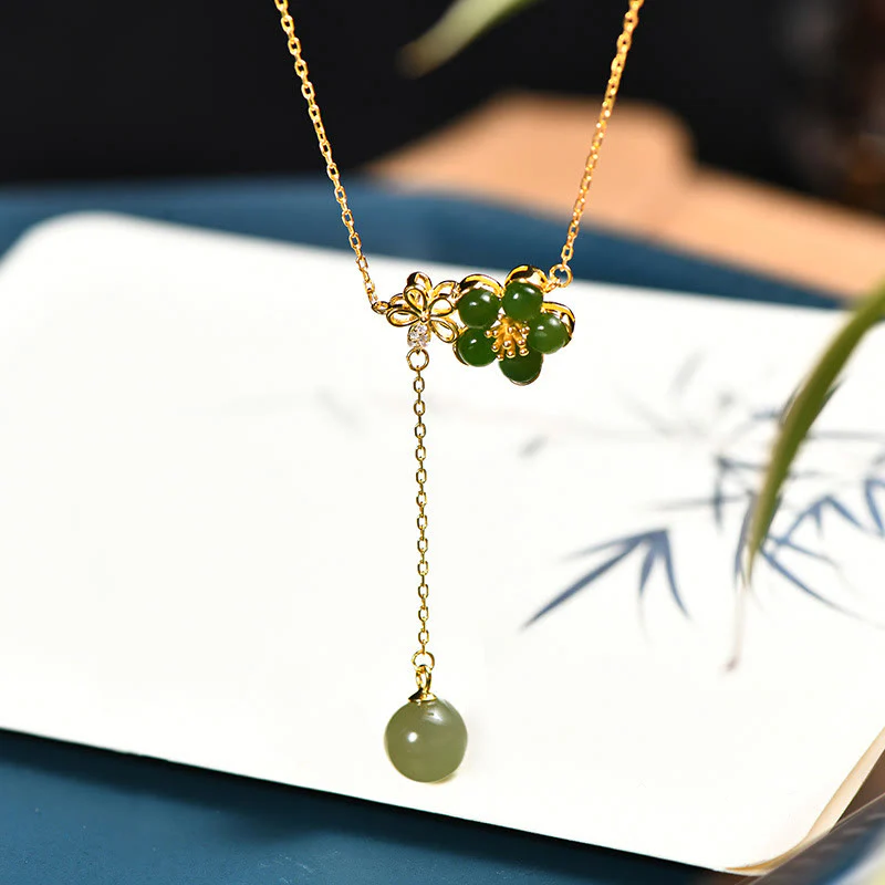 Renbeads 925 Sterling Silver Hetian Cyan Jade Plum Flower Blossom Design Luck Necklace Pendant
