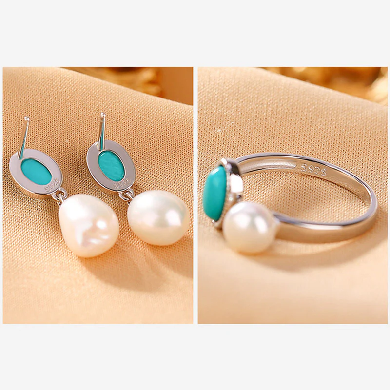 925 Sterling Silver Pearl Turquoise Healing Necklace Pendant Ring Earrings Set