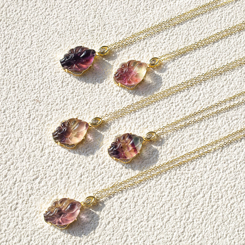 Natural Colorful Fluorite Nine-Tailed Fox Protection Necklace Pendant