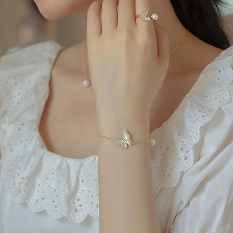 14K Gold Plated Copper Pearl and Shell Stone Butterfly Jewelry Set (Ring, Bracelet, Necklace, Pendant, Earrings)