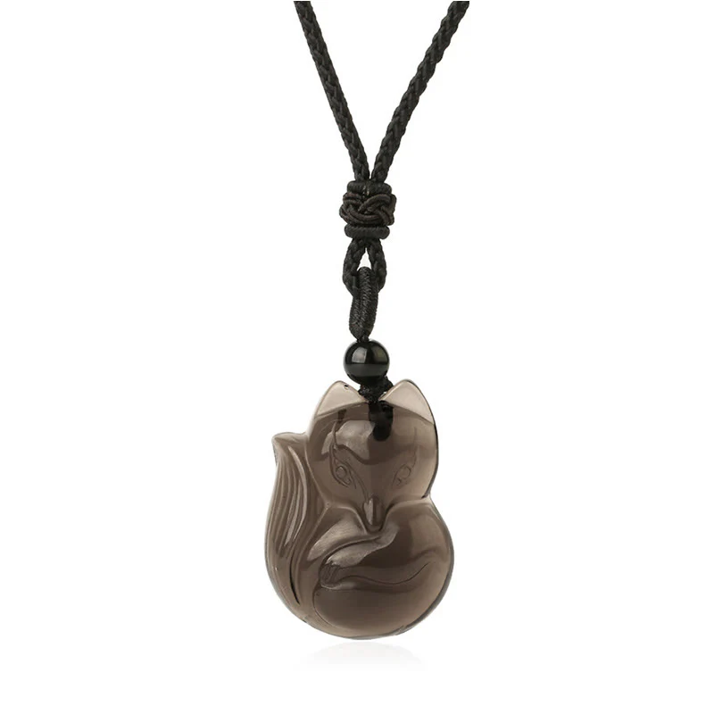 Natural Black Obsidian Tiger Eye Ice Obsidian Fox Pendant Amulet Necklace