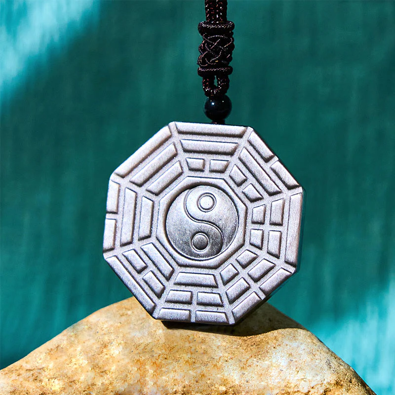 Silver Sheen Obsidian Bagua Yin Yang Symbol Protection Necklace Pendant