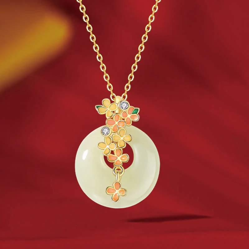 925 Sterling Silver Natural Hetian Jade Osmanthus Flowers Peace Buckle Zircon Luck Bracelet Necklace Pendant