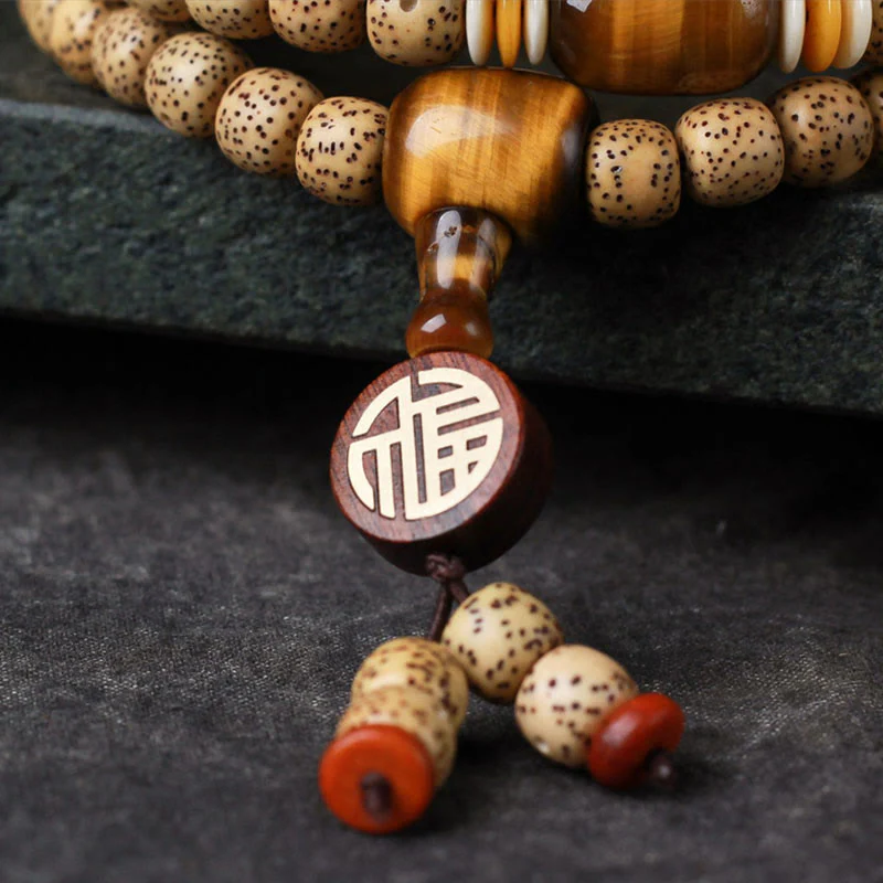 Renbeads 108 Mala Beads Bodhi Seed Tiger's Eye Fu Character Peace Bracelet