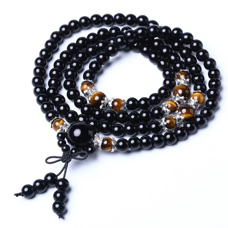 108 Beads Natural Black Obsidian Tiger Eye Mala Bracelet