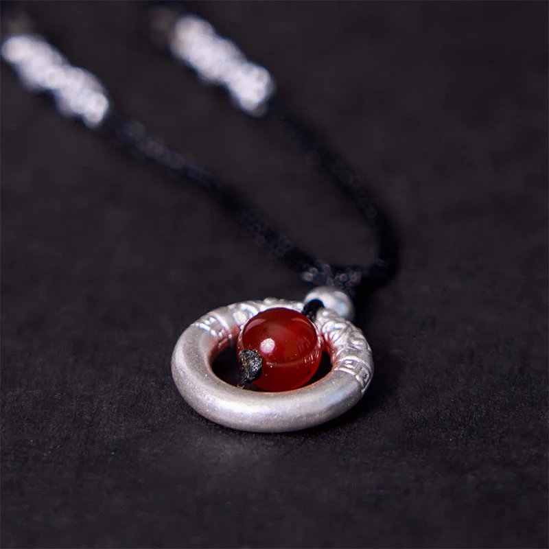 Renbeads 999 Sterling Silver Red Agate Peace Buckle Blessing Necklace Pendant