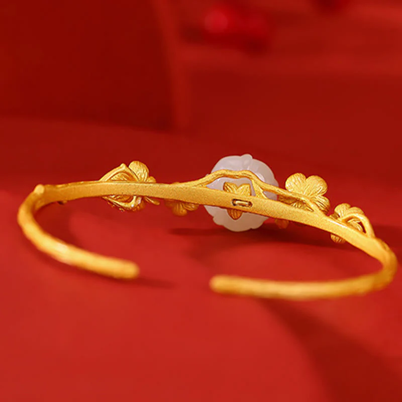 925 Sterling Silver Plated Gold Hetian Jade Plum Blossom Luck Jewelry Set