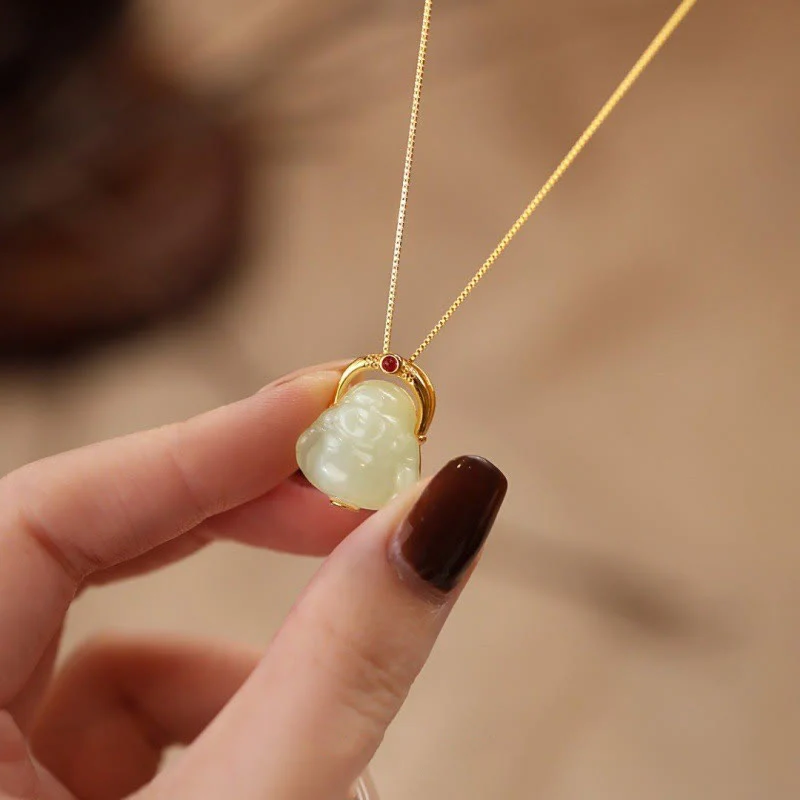 Renbeads 925 Sterling Silver Natural Hetian Jade Laughing Buddha Abundance Chain Necklace Pendant