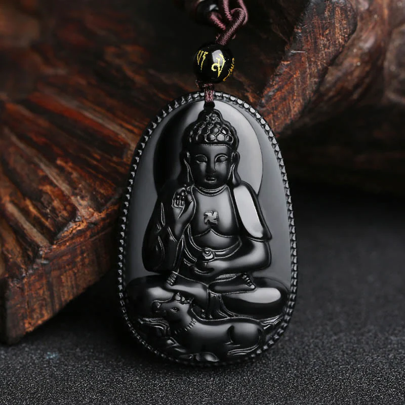 Chinese Zodiac Buddha Natural Black Obsidian Purification Necklace Pendant