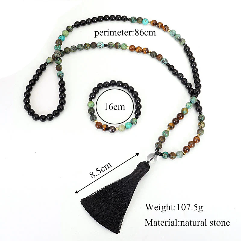 Renbeads 108 Mala Beads Natural Stone Tiger Eye Turquoise Protection Strength Bracelet Necklace