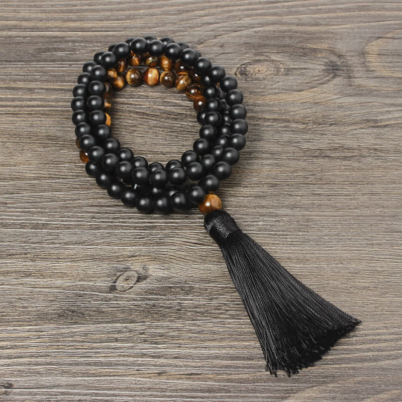 Renbeads Black Onyx Tiger Eye Fortune Bracelet Tassel Necklace Pendant