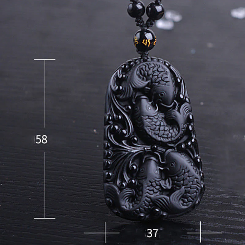 Black Obsidian Koi Fish Engraved Beaded Necklace Pendant