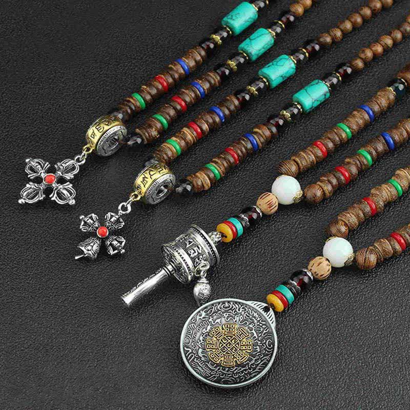 Tibetan Om Mani Padme Hum Prayer Wheel Rotating Vajra Wood Necklace Pendant