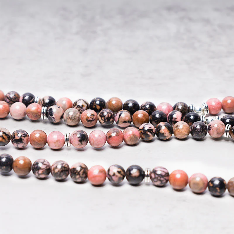 Renbeads 108 Mala Beads Rhodonite Lotus Compassion Energy Bracelet