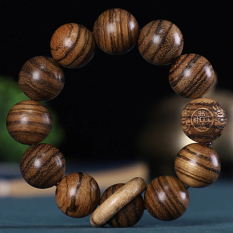 Renbeads Chinese Zodiac Rosewood Green Sandalwood Ebony Wood Copper Coin Carved Calm Bracelet