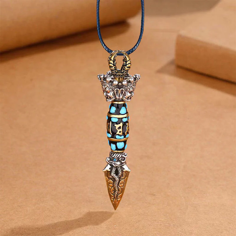 Tibet Om Mani Padme Hum Dzi Bead Dorje Vajra Pattern Rotatable Wealth Necklace Pendant