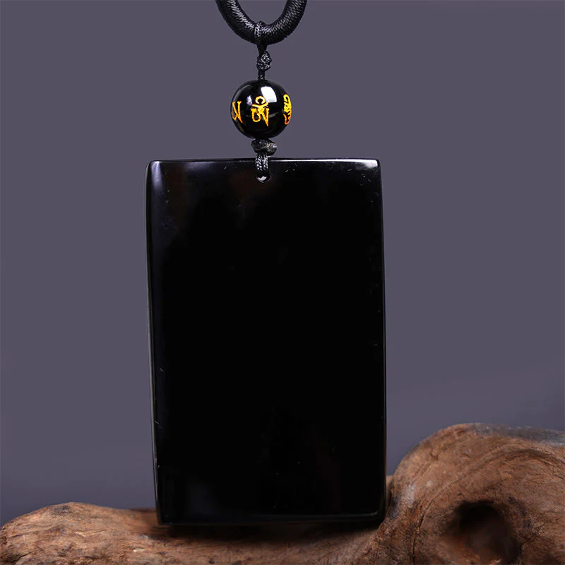 Natural Black Obsidian Rectangular Dragon Engraved Necklace Pendant