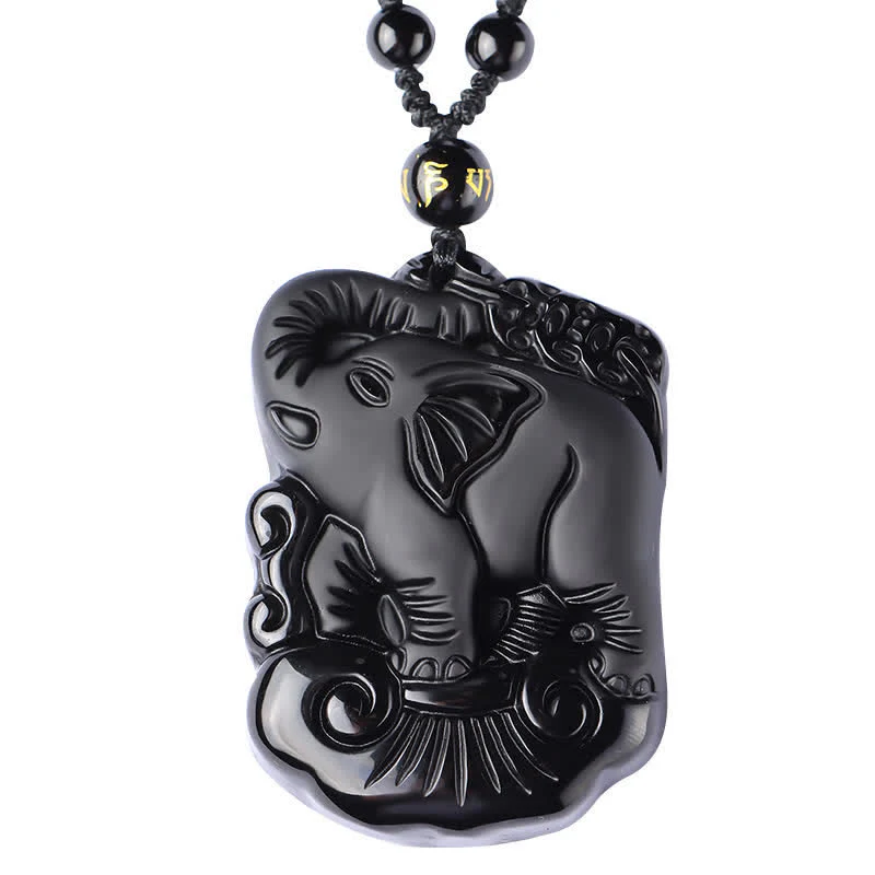Black Obsidian Elephant Protection Necklace Pendant Keychain