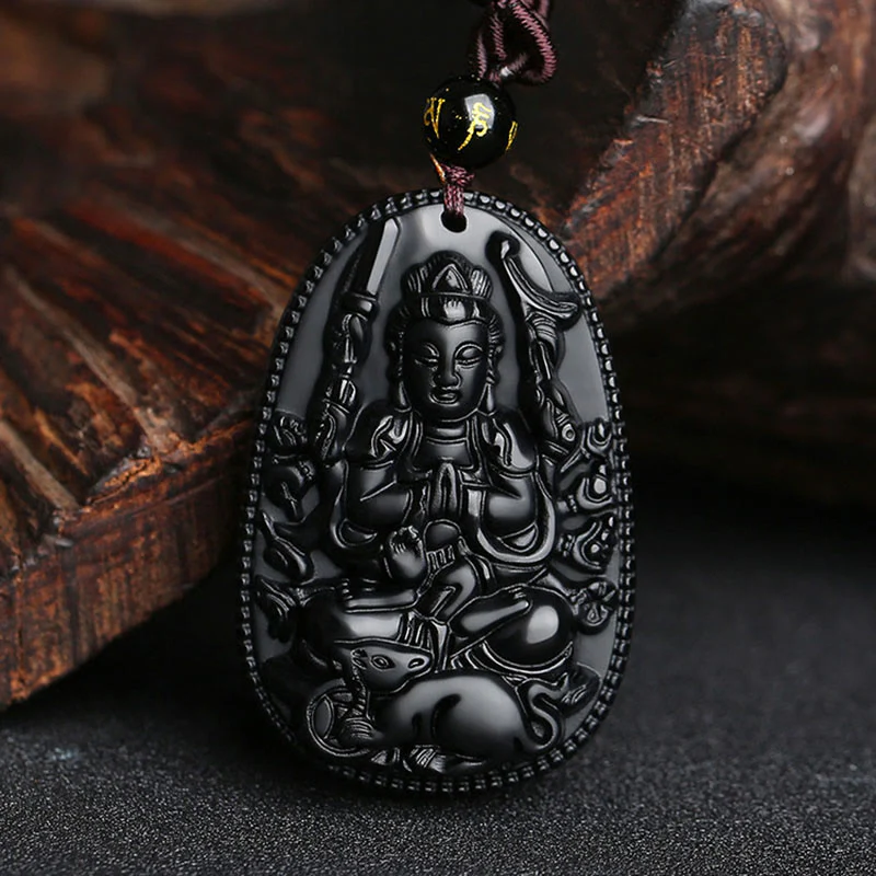 Chinese Zodiac Buddha Natural Black Obsidian Purification Necklace Pendant