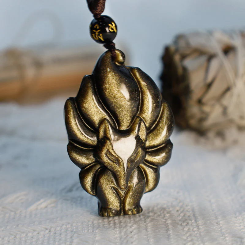 Natural Rainbow Obsidian Gold Sheen Obsidian Nine-Tailed Fox Positive Necklace Pendant