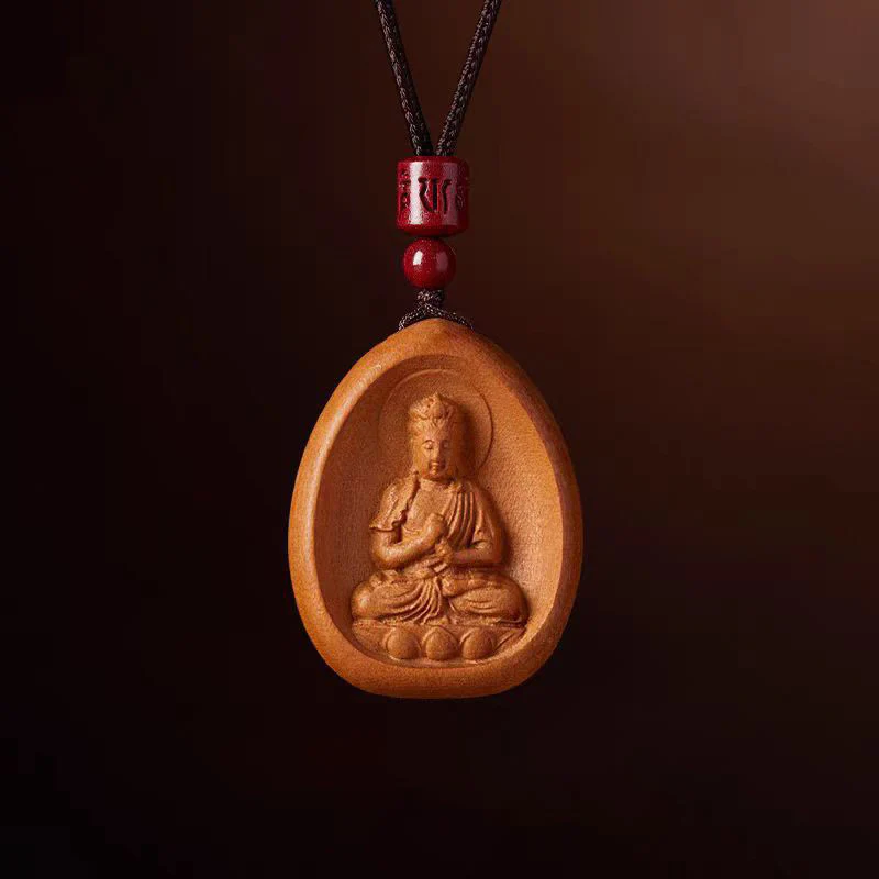 Peach Wood Cinnabar Om Mani Padme Hum Chinese Zodiac Black String Necklace Pendant