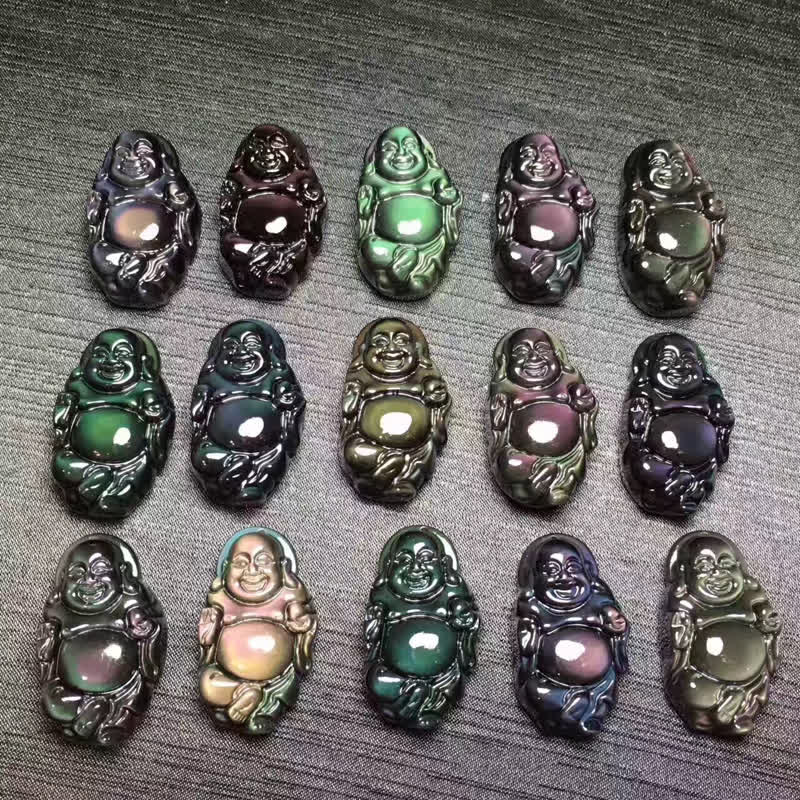 Rainbow Obsidian Laughing Buddha Inner Peace Necklace Pendant