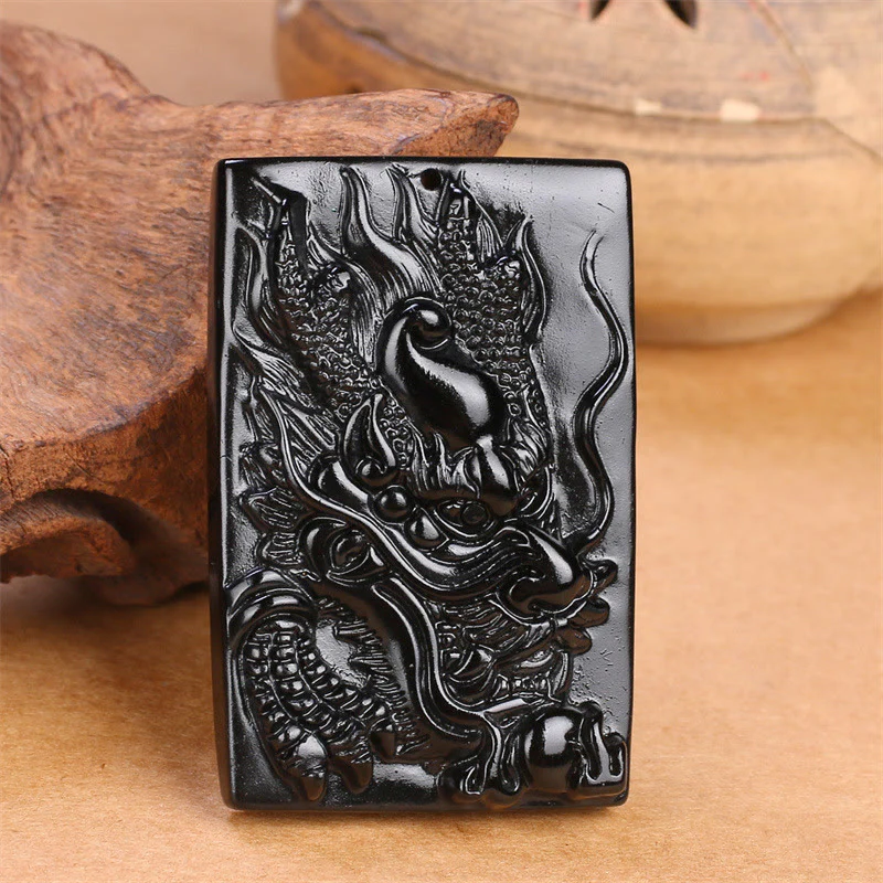 Natural Black Obsidian Rectangular Dragon Engraved Necklace Pendant