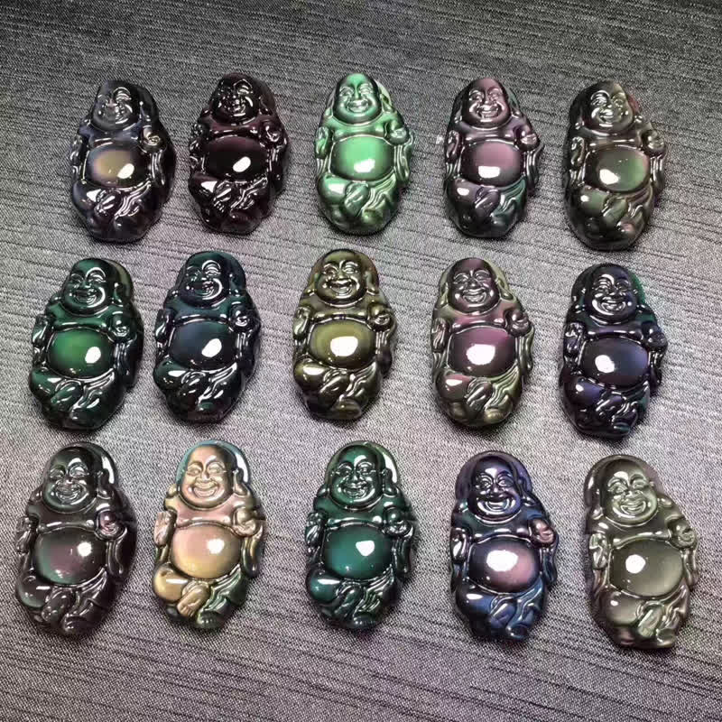 Rainbow Obsidian Laughing Buddha Inner Peace Necklace Pendant