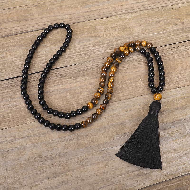 Renbeads Tibetan Black Onyx Tiger Eye Protection Necklace Mala Set