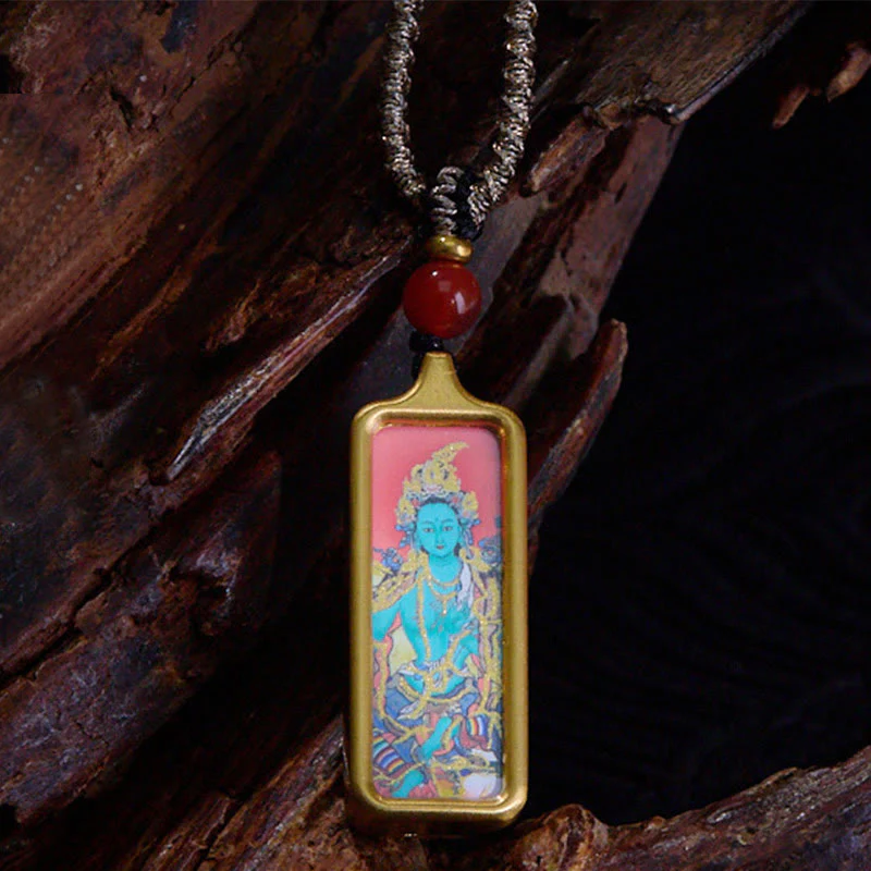 Yellow God of Wealth Nine-Tailed Fox Hand-Painted Thangka Necklace Pendant