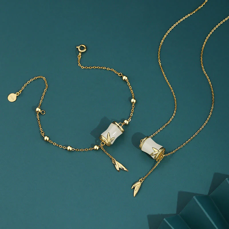 Renbeads 925 Sterling Silver 22K Gold Hetian White Jade Bamboo Leaf Luck Necklace Pendant Bracelet