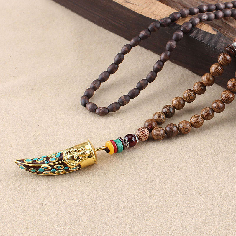 Tibetan Wenge Wood Om Mani Padme Hum Mantra Horn Pattern Protection Necklace Pendant