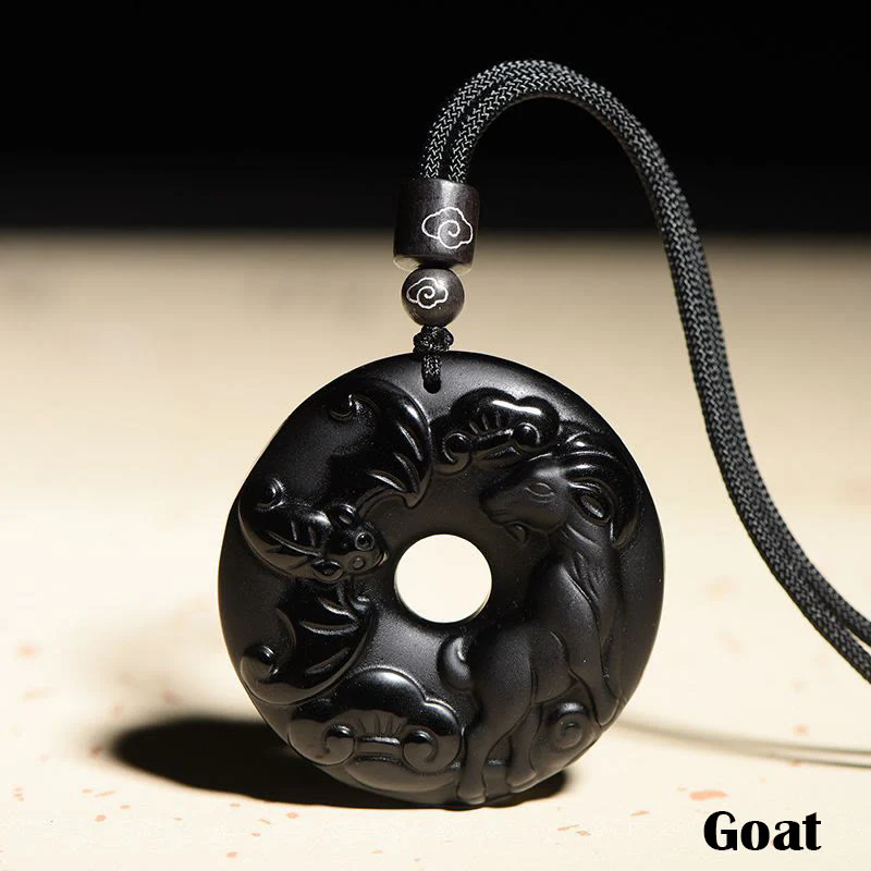 Chinese Zodiac Natural Black Obsidian Peace Buckle Strength Necklace Pendant