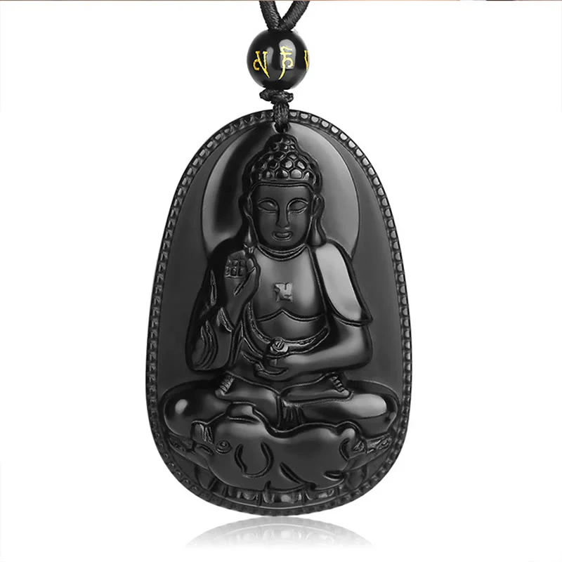 Chinese Zodiac Buddha Natural Black Obsidian Purification Necklace Pendant