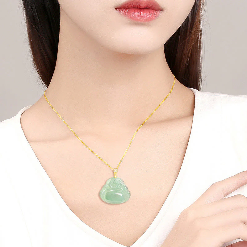 925 Sterling Silver Natural Jade Laughing Buddha Luck Prosperity Chain Necklace Pendant