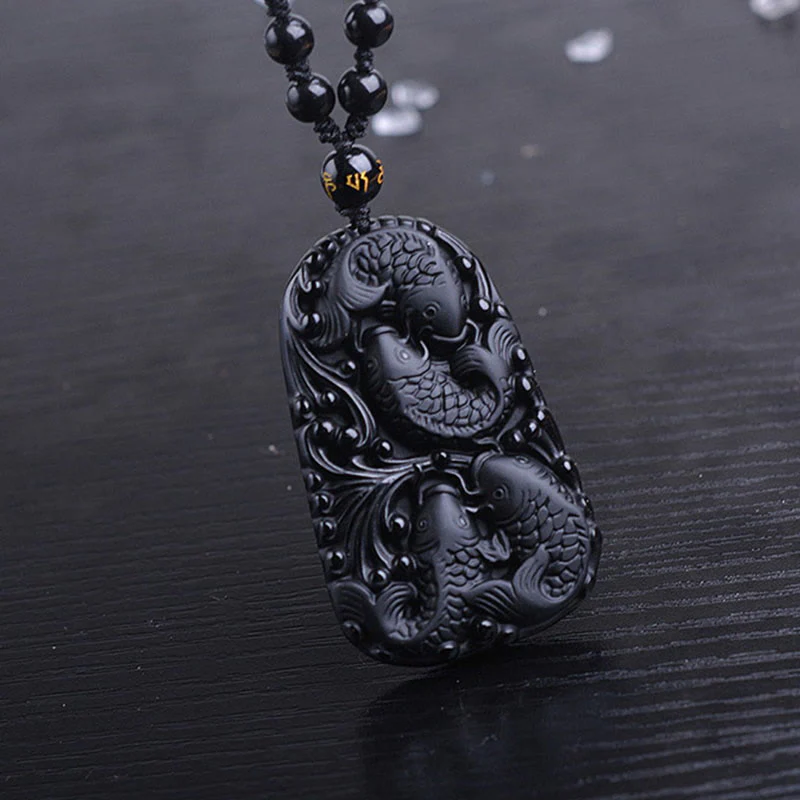 Black Obsidian Koi Fish Engraved Beaded Necklace Pendant