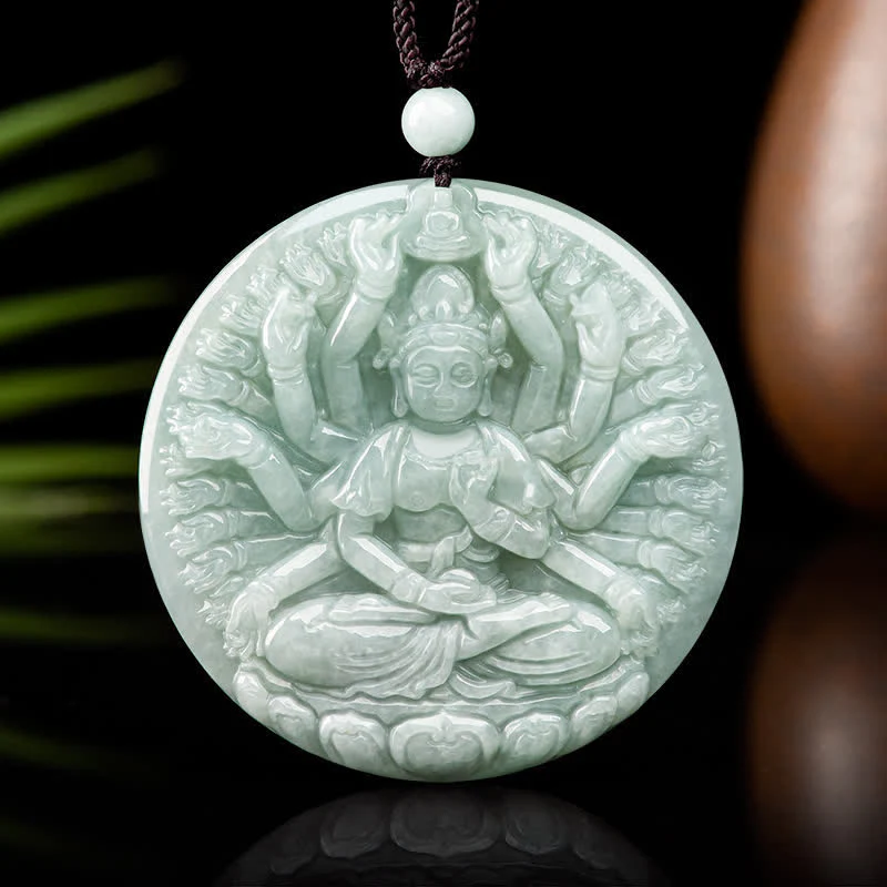 Renbeads Thousand-Hand Kwan Yin Avalokitesvara Jade Blessing String Necklace Pendant