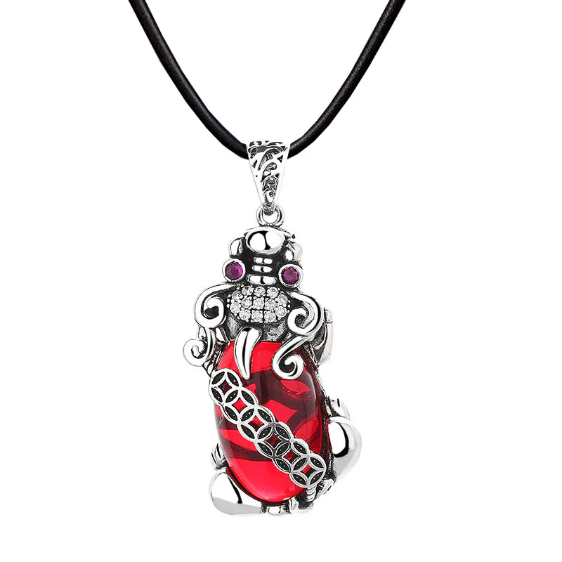 Renbeads PiXiu Garnet Copper Coin Wealth Luck Necklace Pendant