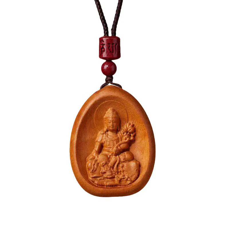 Peach Wood Cinnabar Om Mani Padme Hum Chinese Zodiac Black String Necklace Pendant