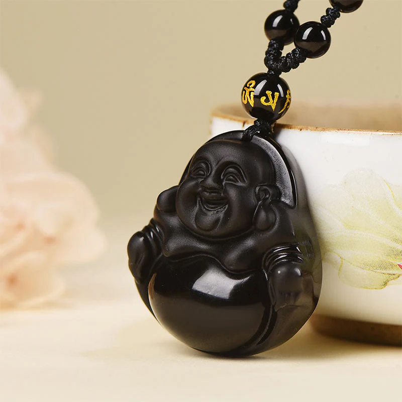 Natural Black Obsidian Ice Obsidian Laughing Buddha Purification Necklace Pendant